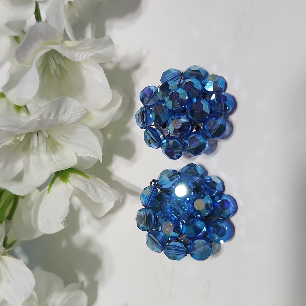 Vintage Blue Faceted Rhinestone Cluster Clip On Earrings